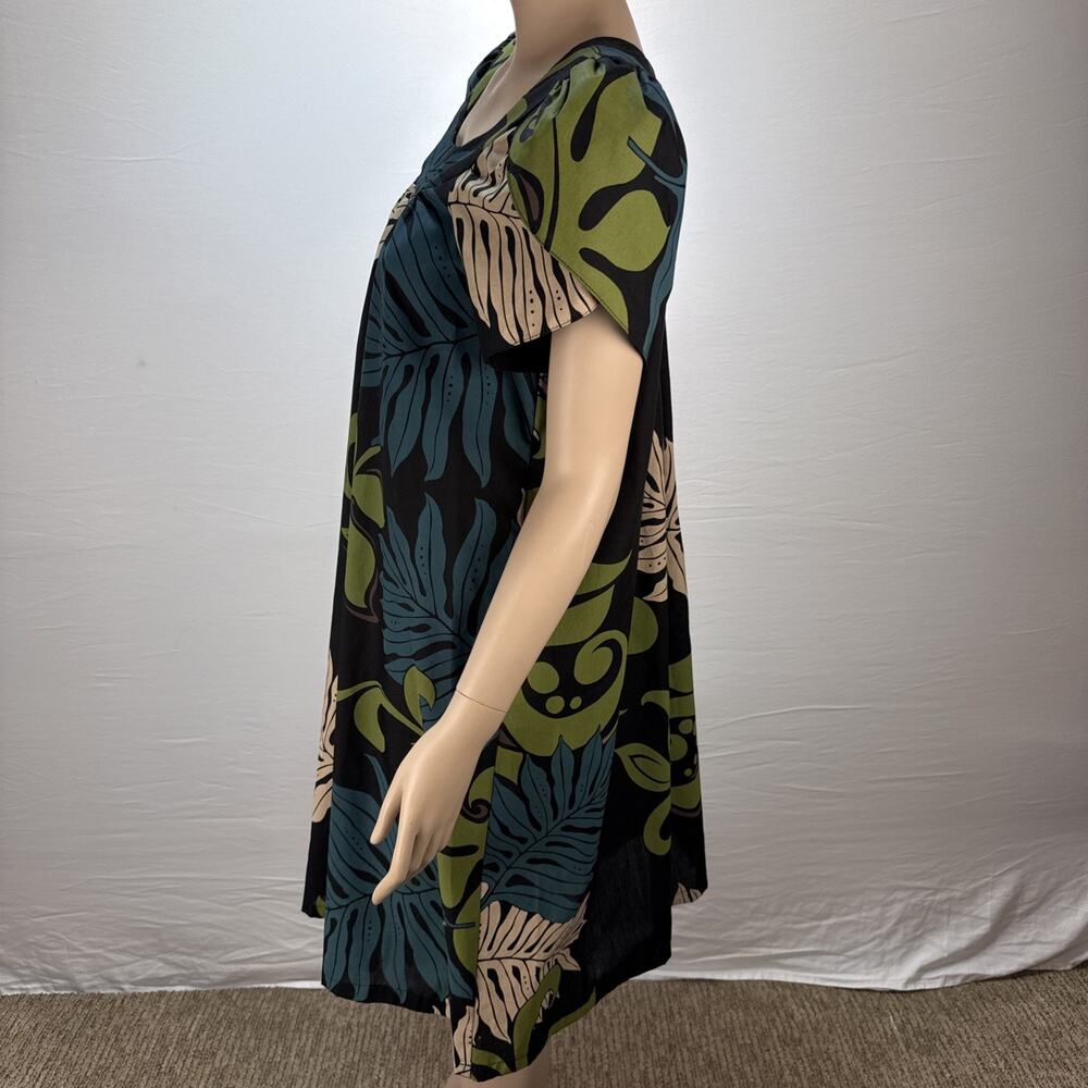 Bishop St Vintage Hawaiian Dress Size L Black Tropical Floral Short Tulip Sleeve - Picture 3 of 9